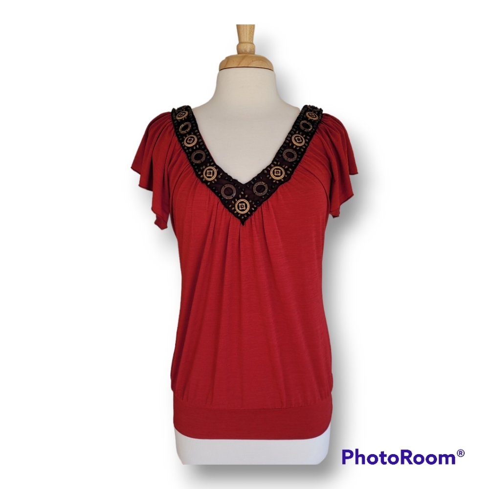 Wrapper Beaded Embellished V-Neck Short Sleeve Blouse. Size Med